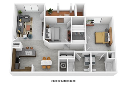 Floor plan for 2 beds, 2 baths, 985 sqft